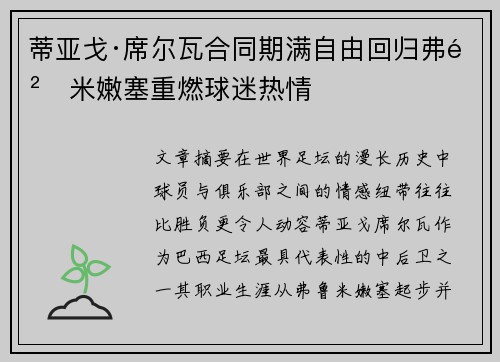 蒂亚戈·席尔瓦合同期满自由回归弗鲁米嫩塞重燃球迷热情