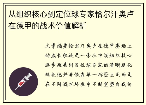 从组织核心到定位球专家恰尔汗奥卢在德甲的战术价值解析 从组织核心到定位球专家恰尔汗奥卢在德甲的战术价值解析