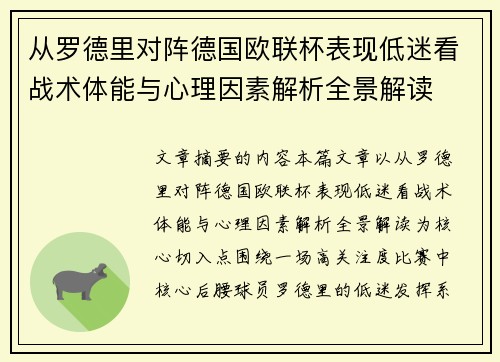 从罗德里对阵德国欧联杯表现低迷看战术体能与心理因素解析全景解读 从罗德里对阵德国欧联杯表现低迷看战术体能与心理因素解析全景解读