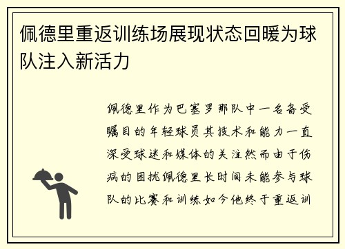 佩德里重返训练场展现状态回暖为球队注入新活力